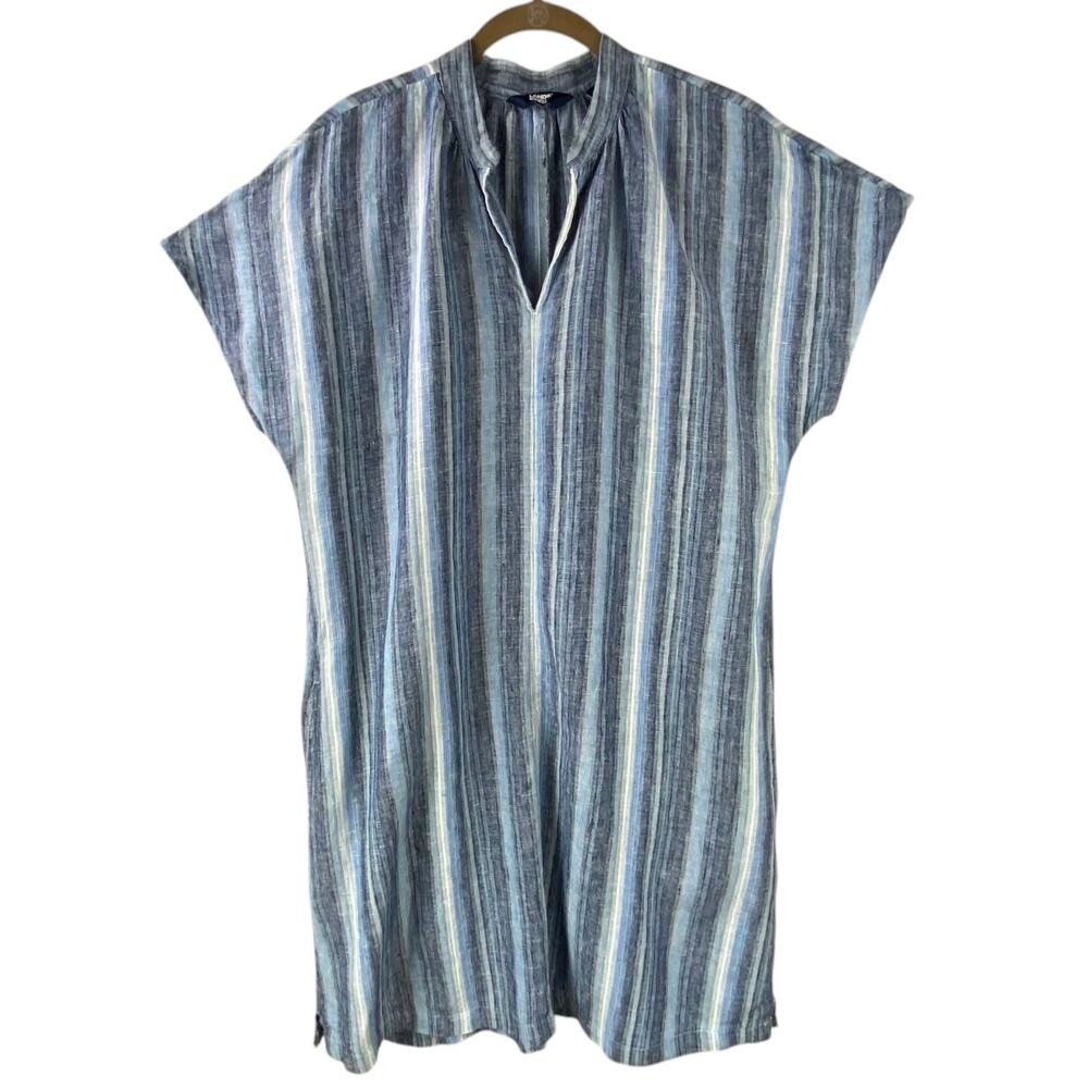 Lands’ End 100% Linen Dress Size M Blue Striped Beach Resort